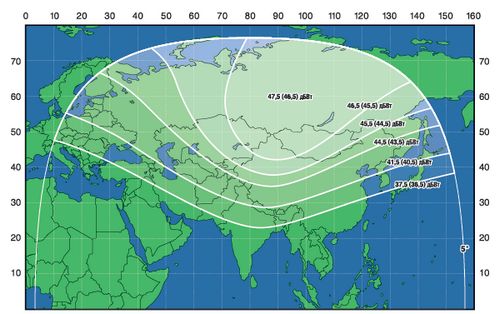 Footprint satelitu Express MD-1, Russian beam, obrzek: RSCC