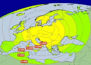 Vyzaovac diagram druice EuroBird1, pakety CzechLink a SlovakLink (Monitorujeme pjem CzechLink a SlovakLink)