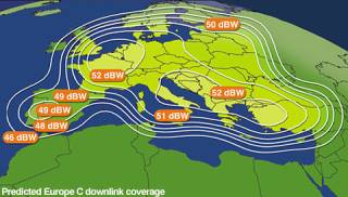 Pokrytí signálem Eutelsat W3A