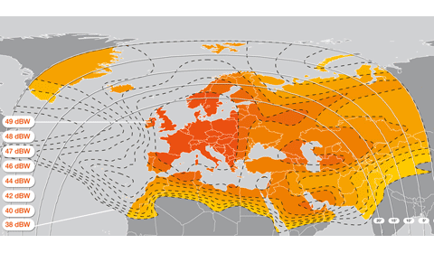 Footprint satelitu Eutelsat W3C, 16°E, beam Europe A