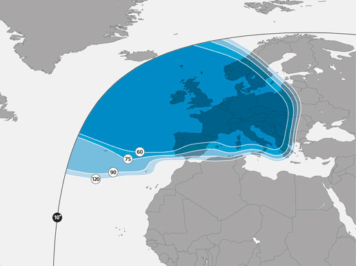 Footprint satelitu Astra 1N, 28,2°E, beam Euro 1