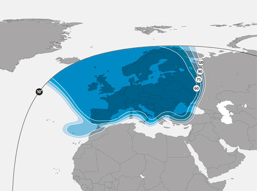 Footprint satelitu Astra 1N, 28,2°E, beam Euro 2