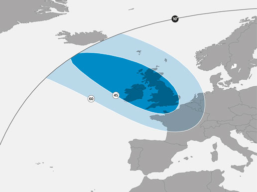 Footprint satelitu Astra 1N, 28,2°E, beam UK