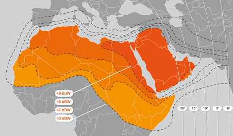 Footprint satelitu Atlantic Bird 7, 7,2°W, beam Middle East - North Africa (MENA)