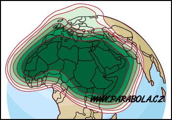 Pokrytá území satelitem Arabsat druhé generace, C-pásmo, High Power, EIRP