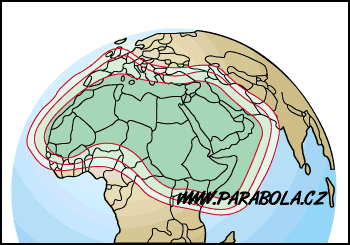 Pokrytá území satelitem Arabsat druhé generace, C-pásmo, Medium Power, EIRP