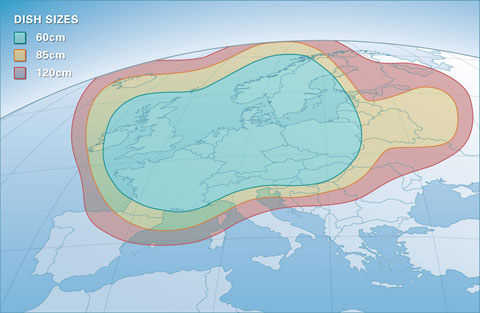 Pokrytí signálem satelitu Astra 1E - horizontální polarizace, paket CS Link
