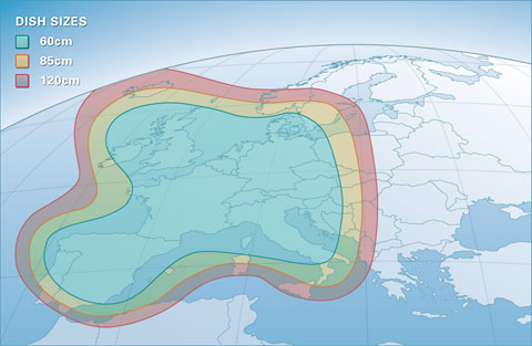 Pokrytí signálem satelitu Astra 1E - vertikální polarizace