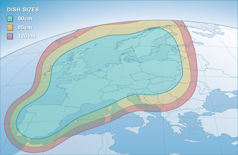 Pokrytí signálem satelitu Astra 1E - horizontální polarizace, paket CS Link