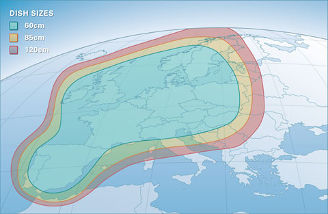 Pokrytí signálem satelitu Astra 1E - horizontální polarizace