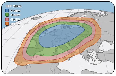 Pokrytí signálem satelitu Astra 1L - Ka pásmo