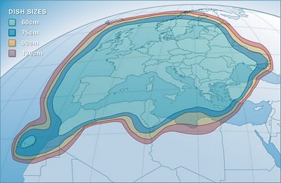 Pokrytí signálem satelitu Astra 1M, evropský svazek (European beam)