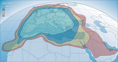 Pokrytí signálem satelitu Astra 1M, širší svazek (Wide beam)