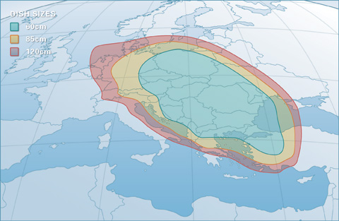 Footprint satelitu Astra 5A (31,5°E), centraleuropean beam