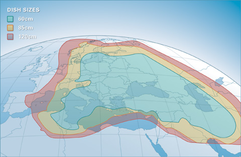 Footprint satelitu Astra 5A (31,5°E), paneuropean beam