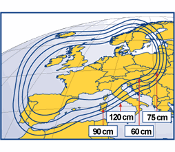 Pokrytí signálem satelitu Astra 1C, polarizace horizontální, modus negativ