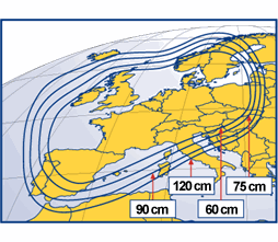 Pokrytí signálem satelitu Astra 1C, polarizace horizontální, modus positiv