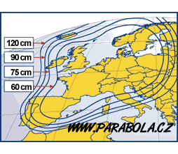 Pokrytí signálem satelitu Astra 1D - horizontální polarizace, modus negativ
