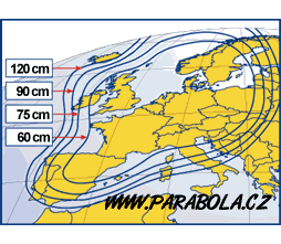 Pokrytí signálem satelitu Astra 1D - horizontální polarizace, modus positiv