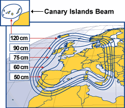 Pokrytí signálem satelitu Astra 1E - vertikální polarizace, modus negativ