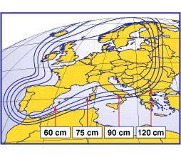 Pokrytí signálem satelitu Astra 1F - horizontální polarizace, modus negativ 2