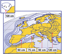 Pokrytí signálem satelitu Astra 1F - vertikální polarizace, modus negativ 2