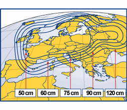 Pokrytí signálem satelitu Astra 1F - horizontální polarizace, modus negativ 1