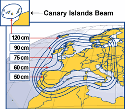 Pokrytí signálem satelitu Astra 1F - vertikální polarizace, modus positiv