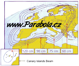 Pokrytí signálem satelitu Astra 2C na pozici 19,2E
