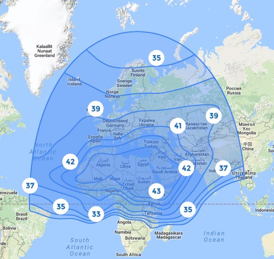 Footprint satelitu Badr 6, obrzek: Arabsat