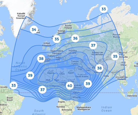 Footprint satelitu Badr 6, obrzek: Arabsat