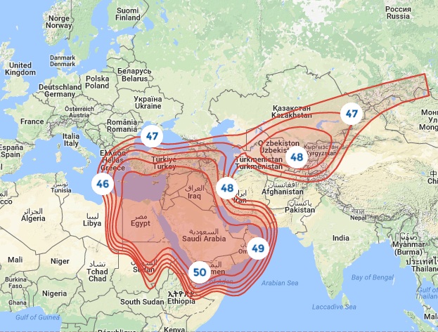 Footprint satelitu Badr 7, obrzek: Arabsat