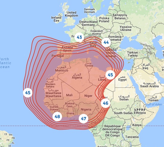 Footprint satelitu Badr 7, obrzek: Arabsat