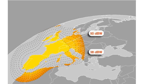 Footprint satelitu Eurobird-3 na pozici 33E