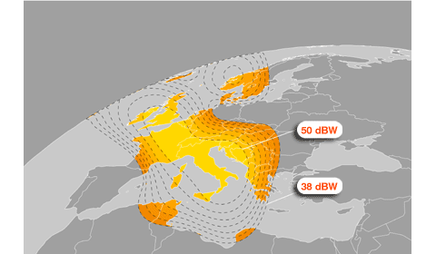 Footprint satelitu Eurobird-3 na pozici 33E
