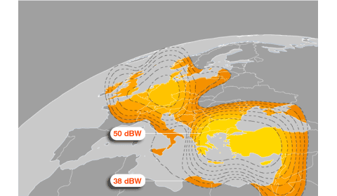 Footprint satelitu Eurobird-3 na pozici 33E
