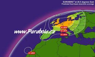 Pokrytí signálem satelitu Eurobird - pevný vyzařovací svazek