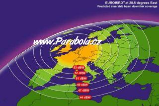 Pokrytí signálem satelitu Eurobird - řízený vyzařovací svazek (Spot1)