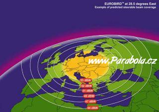 Pokrytí signálem satelitu Eurobird - řízený vyzařovací svazek (Spot2)