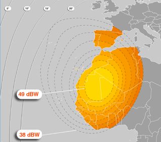 Pokrytí signálem satelitu Eutelsat W6, steerable beam