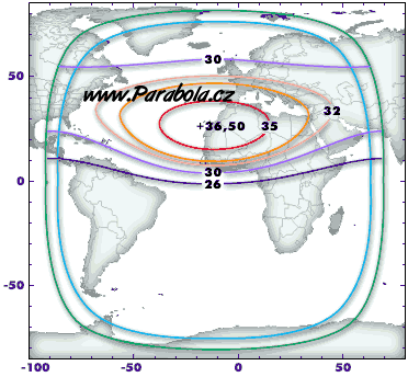 Pokrytá území signálem satelitu Express 3A, zóna 1