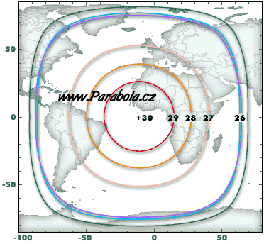 Pokrytá území signálem satelitu Express A3, Global Beam, C-pásmo, EIRP max 30 dBW, transpondér číslo 11