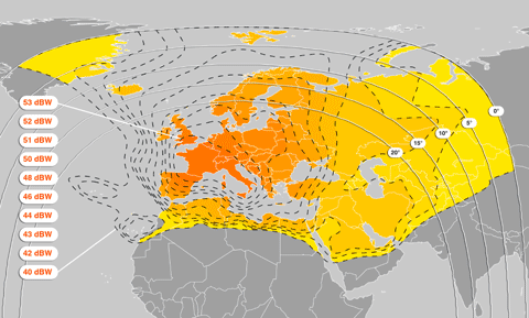 Pokryt signlem satelitu Hot Bird 8 - vyzaovac svazek superwide beam