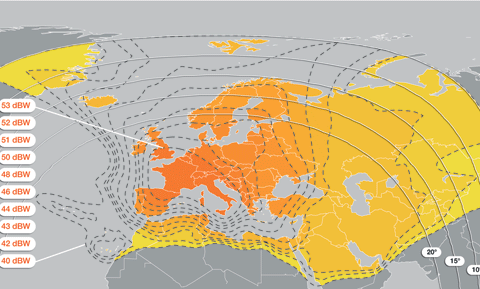 Pokrytí signálem satelitu Hot Bird 9 - vyzařovací svazek superwide beam