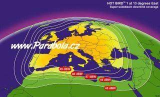Pokryt signlem satelitu Hot Bird 1 - vyzaovac svazek super-wide beam