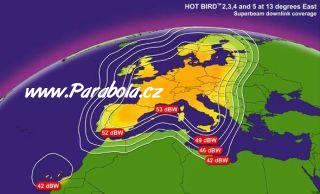 Pokryt signlem satelitu Hot Bird 3 - vyzaovac svazek super beam (plat pro pozici 13E)