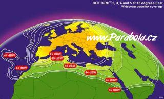 Pokryt signlem satelitu Hot Bird 3 - vyzaovac svazek wide beam (plat pro pozici 4E)