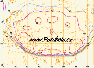 Pokrytá území satelitem LMI1, Ku-pásmo, severní vyzařovací svazek
