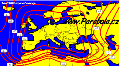 Pokrytí signálem satelitu Sirius 2 - evropský vyzařovací svazek (European beam)