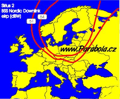 Pokrytí signálem satelitu Sirius 2 - severní vyzařovací svazek v pásmu BSS (Nordic beam)